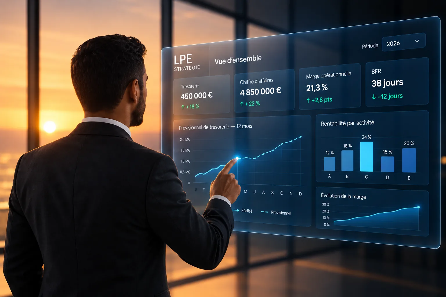 Un dirigeant analyse, sur un tableau de bord LPE STRATEGIE, sa trésorerie, son chiffre d'affaires, sa marge et son prévisionnel.